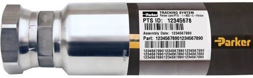 Etiqueta Parker Tracking System en una manguera ensamblada