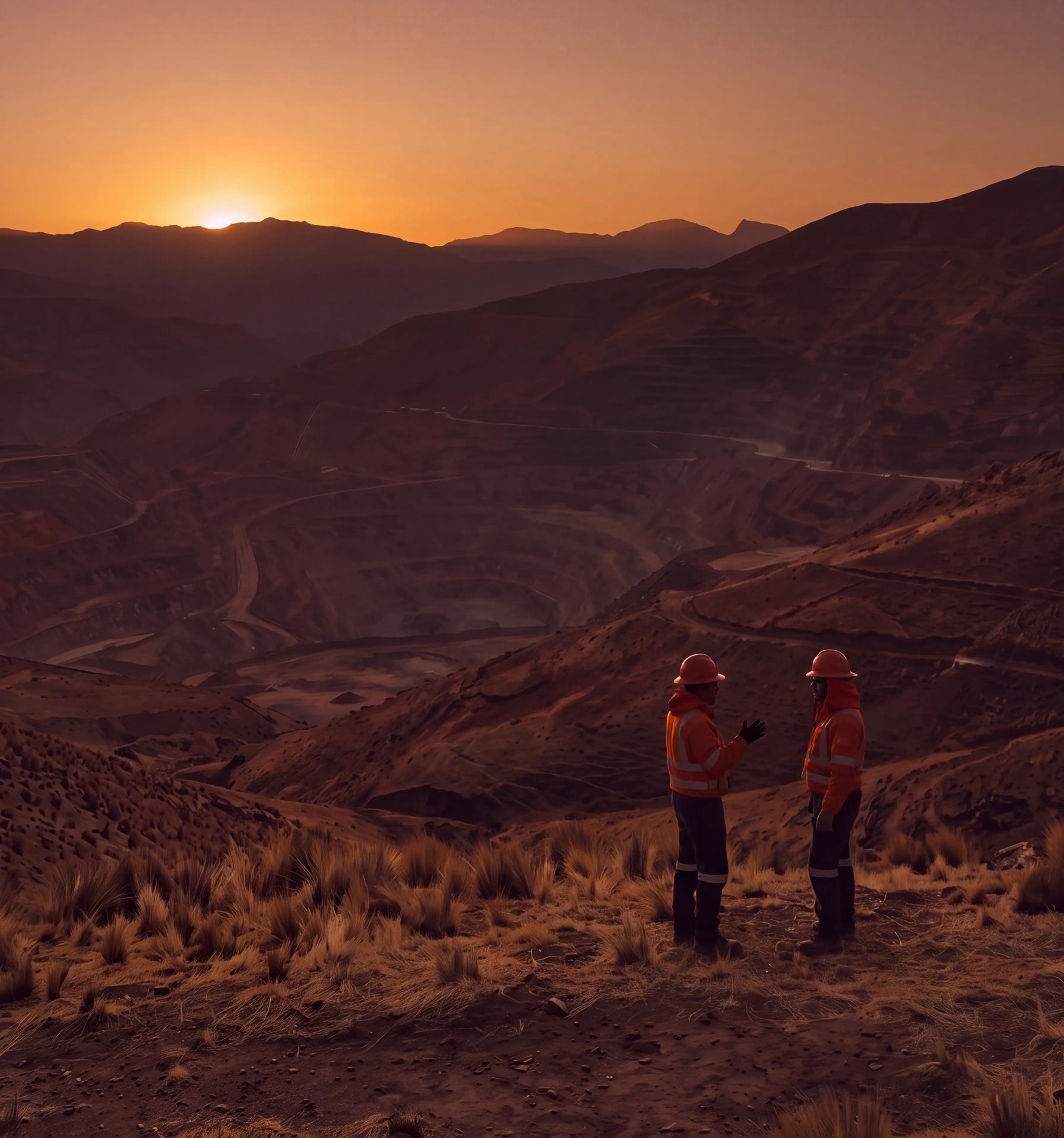 Dos trabajadores de Contix frente a una mina a tajo abierto al atardecer